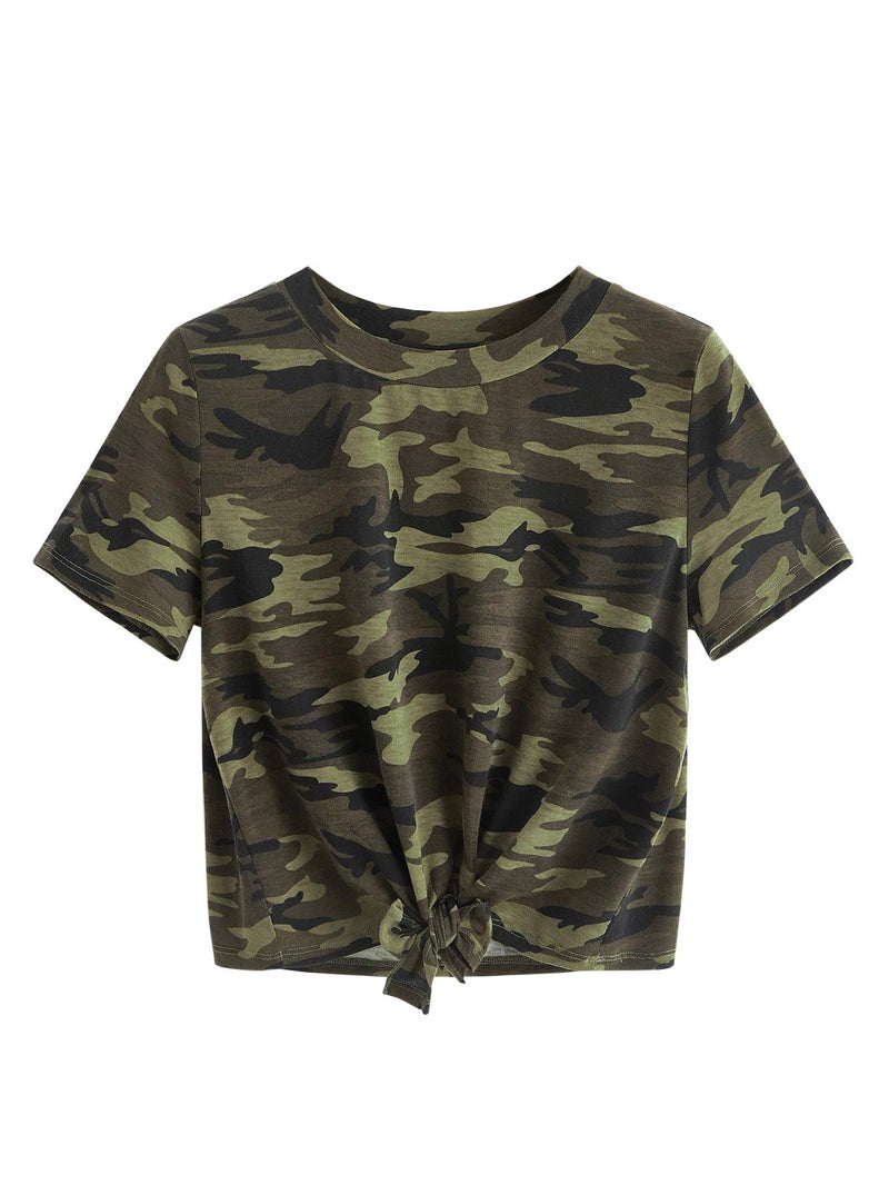 SweatyRocks Women's Short Sleeve Tie Dye Tie Hem Summer Crop T-Shirt Tops Blouse Camo Small - Image 1